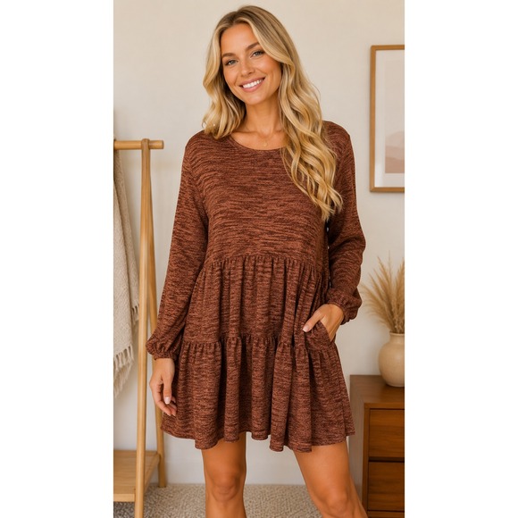 Cupshe Dresses & Skirts - NWT Cupshe Tiered Scoop Neck Sweater Mini Dress Brown Medium Boho